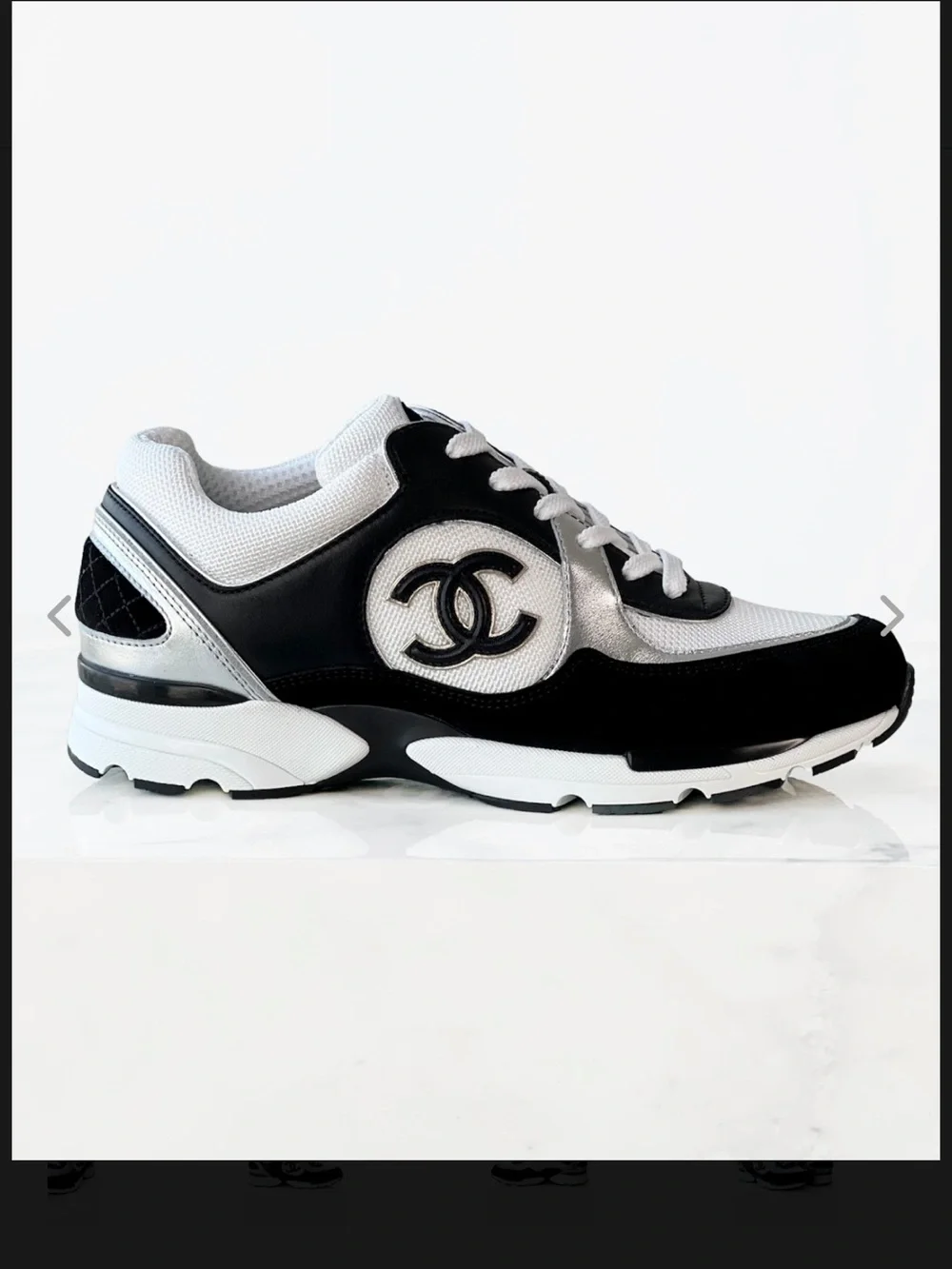CHANEL Black White Silver CC Logo Runner Sneakers